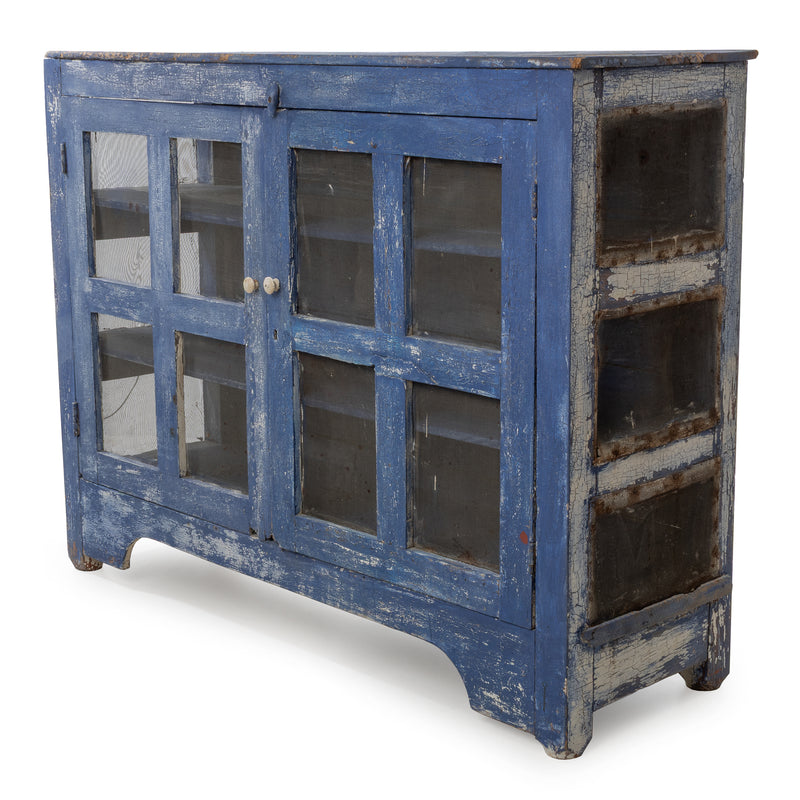 Blue over White Crackle Painted Georgian Pine Pie Safe with Wire Mesh Panelled Doors and Sides