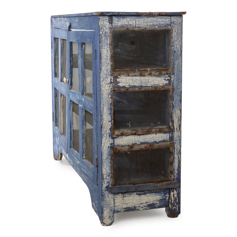 Blue over White Crackle Painted Georgian Pine Pie Safe with Wire Mesh Panelled Doors and Sides