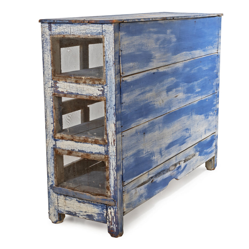 Blue over White Crackle Painted Georgian Pine Pie Safe with Wire Mesh Panelled Doors and Sides
