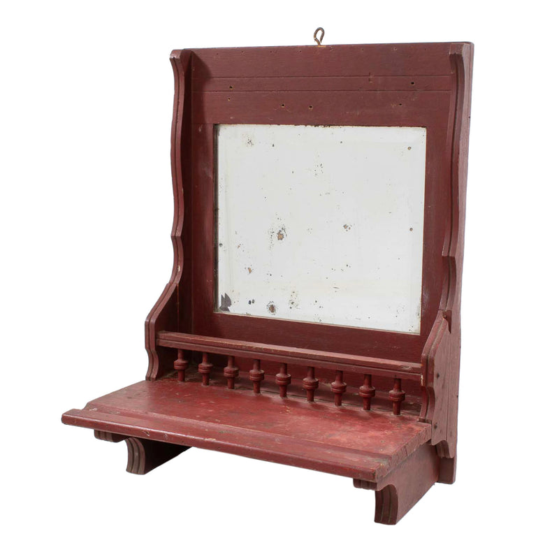 Burgundy Painted Primitive Wall Shelf with Bevelled Mirror and Spindles