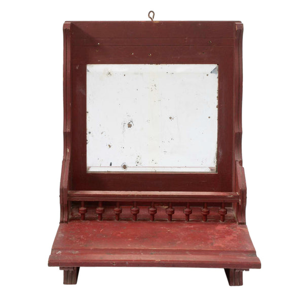 Burgundy Painted Primitive Wall Shelf with Bevelled Mirror and Spindles