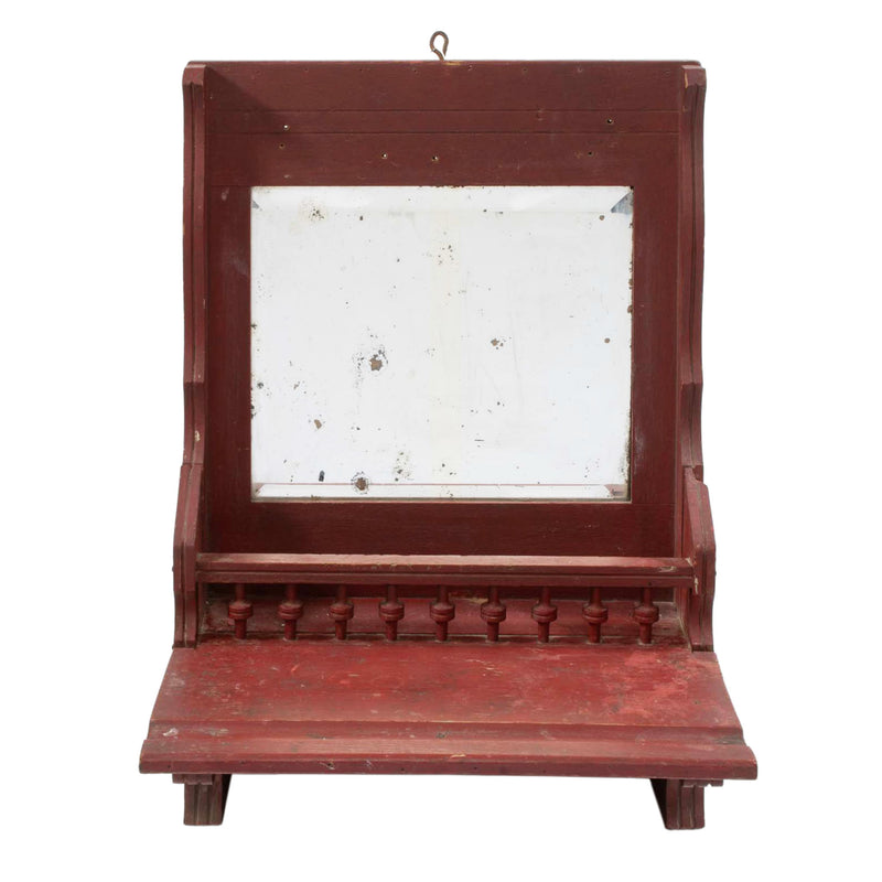 Burgundy Painted Primitive Wall Shelf with Bevelled Mirror and Spindles