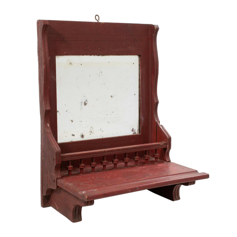 Burgundy Painted Primitive Wall Shelf with Bevelled Mirror and Spindles