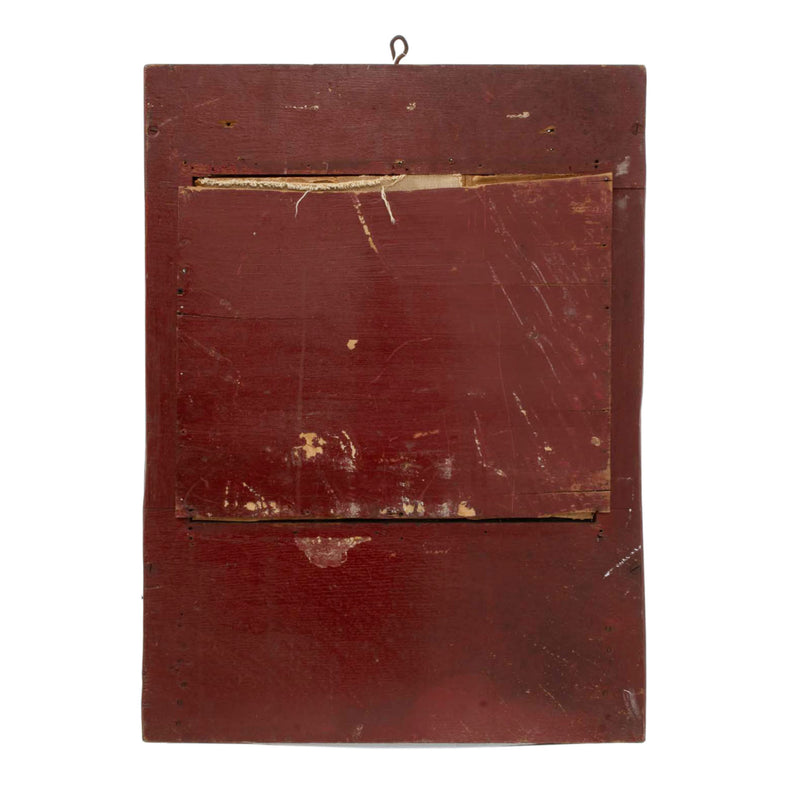 Burgundy Painted Primitive Wall Shelf with Bevelled Mirror and Spindles