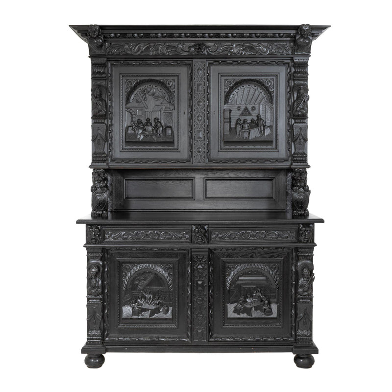 Carved Oak Flemish Hunters Cabinet with Grandiose Baroque/ Gothic Style Carvings