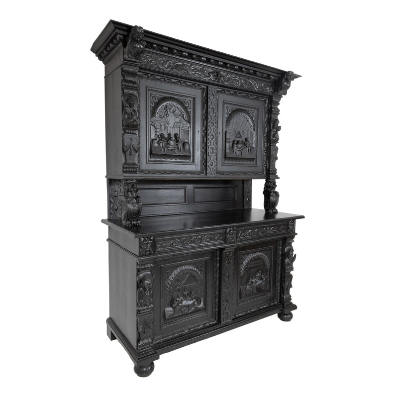 Carved Oak Flemish Hunters Cabinet with Grandiose Baroque/ Gothic Style Carvings