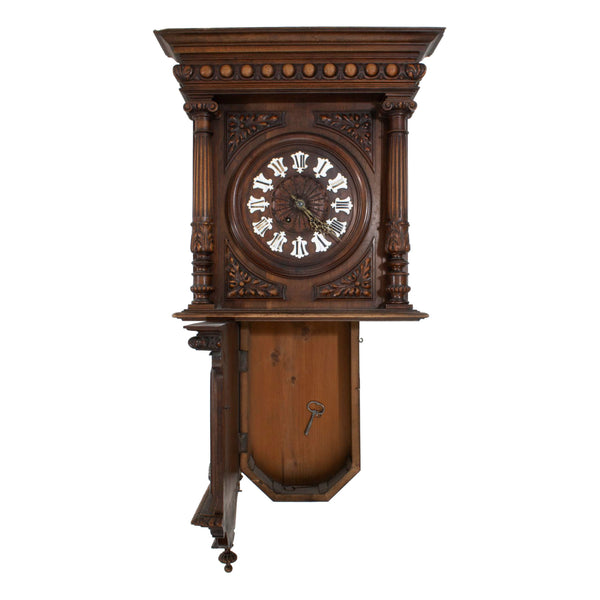 Carved Walnut Weather Clock w/ Foliate Carvings and Porcelain Number Cartouche & Dual Reaumur Scale Thermometers (As Is)