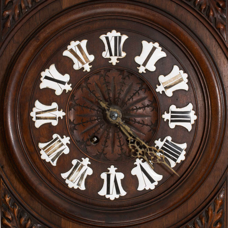 Carved Walnut Weather Clock w/ Foliate Carvings and Porcelain Number Cartouche & Dual Reaumur Scale Thermometers (As Is)