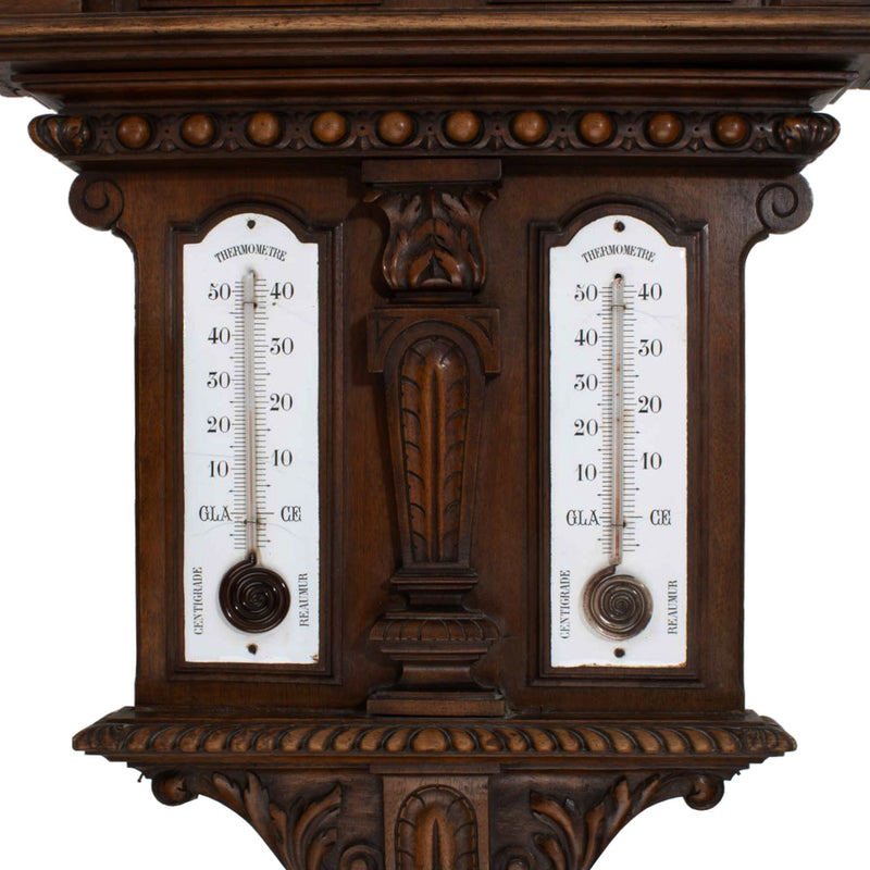 Carved Walnut Weather Clock w/ Foliate Carvings and Porcelain Number Cartouche & Dual Reaumur Scale Thermometers (As Is)