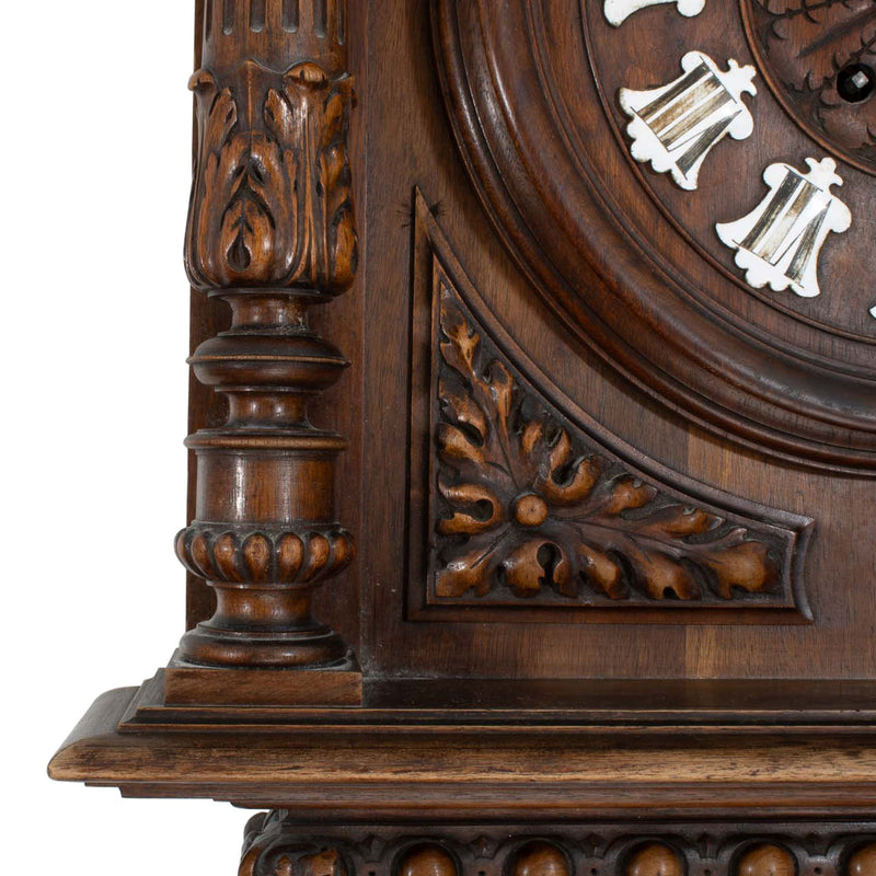 Carved Walnut Weather Clock w/ Foliate Carvings and Porcelain Number Cartouche & Dual Reaumur Scale Thermometers (As Is)