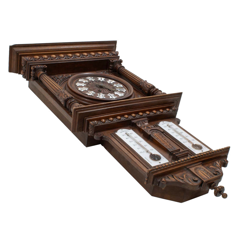 Carved Walnut Weather Clock w/ Foliate Carvings and Porcelain Number Cartouche & Dual Reaumur Scale Thermometers (As Is)