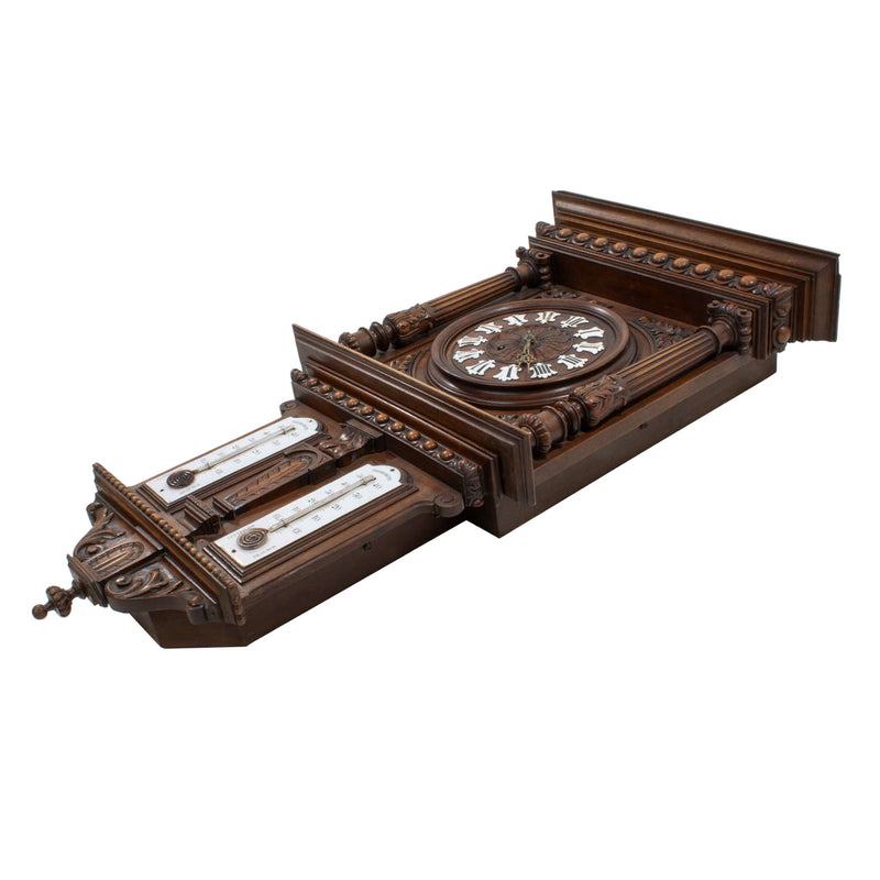 Carved Walnut Weather Clock w/ Foliate Carvings and Porcelain Number Cartouche & Dual Reaumur Scale Thermometers (As Is)