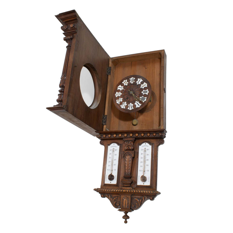 Carved Walnut Weather Clock w/ Foliate Carvings and Porcelain Number Cartouche & Dual Reaumur Scale Thermometers (As Is)