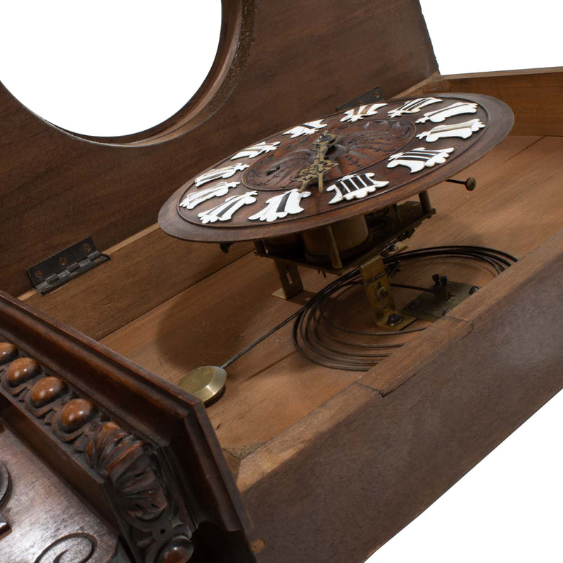 Carved Walnut Weather Clock w/ Foliate Carvings and Porcelain Number Cartouche & Dual Reaumur Scale Thermometers (As Is)