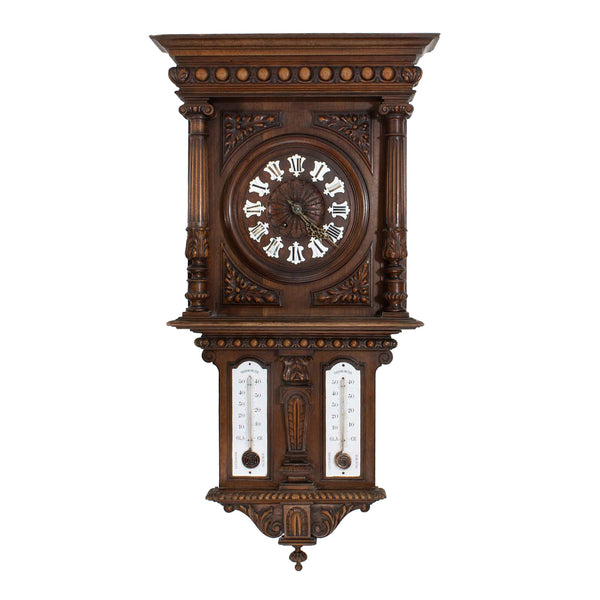 Carved Walnut Weather Clock w/ Foliate Carvings and Porcelain Number Cartouche & Dual Reaumur Scale Thermometers (As Is)