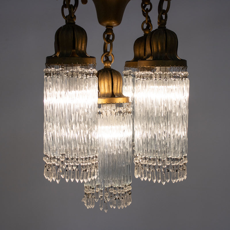 Brass Coloured Cast Aluminum Ceiling Fixture w/ 5 Tulip Capped Twisted Icicle Tassel Lights