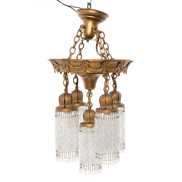 Brass Coloured Cast Aluminum Ceiling Fixture w/ 5 Tulip Capped Twisted Icicle Tassel Lights