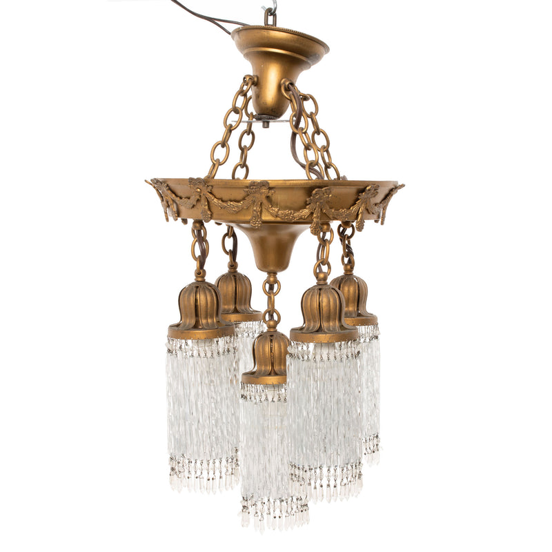 Brass Coloured Cast Aluminum Ceiling Fixture w/ 5 Tulip Capped Twisted Icicle Tassel Lights