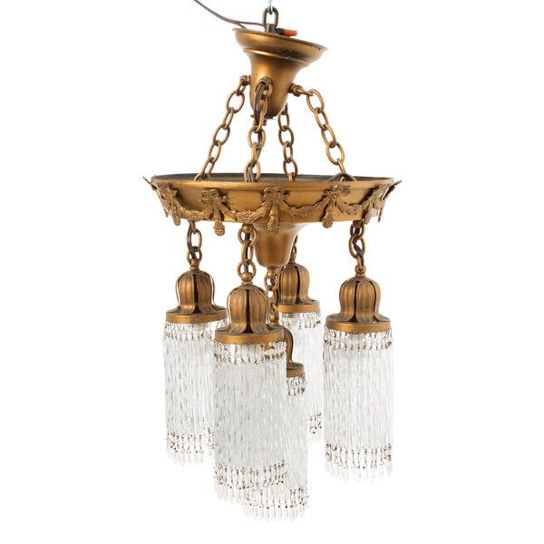 Brass Coloured Cast Aluminum Ceiling Fixture w/ 5 Tulip Capped Twisted Icicle Tassel Lights