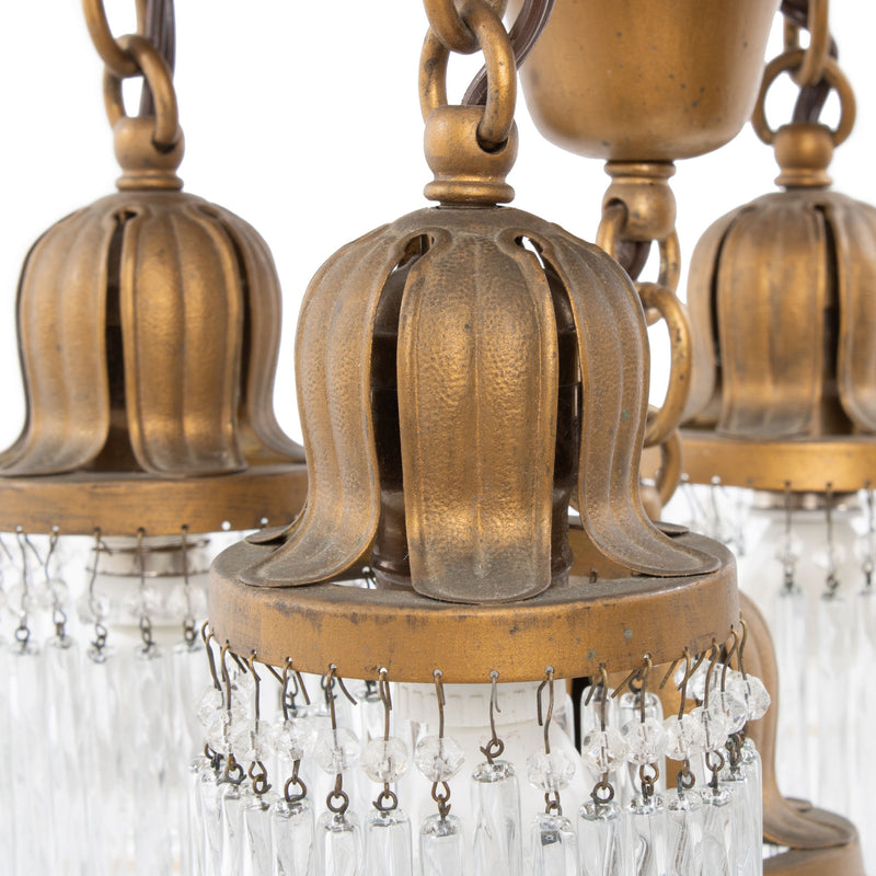 Brass Coloured Cast Aluminum Ceiling Fixture w/ 5 Tulip Capped Twisted Icicle Tassel Lights
