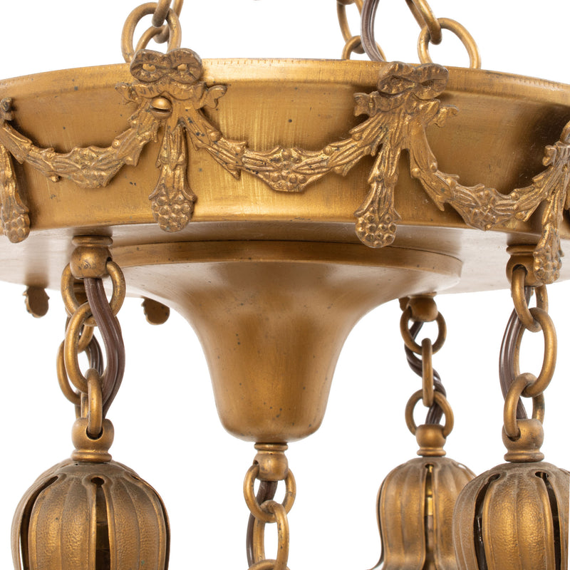 Brass Coloured Cast Aluminum Ceiling Fixture w/ 5 Tulip Capped Twisted Icicle Tassel Lights