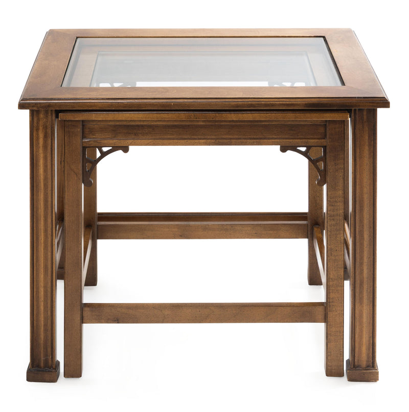 Chinese Chippendale Style Glass Top Nesting Tables (Set of 2)