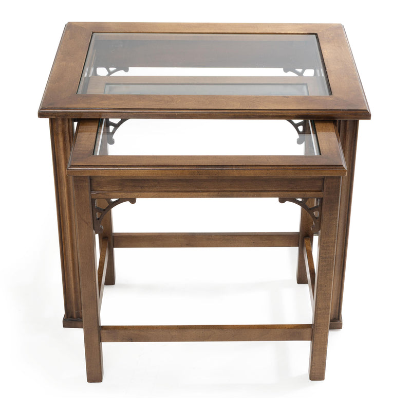 Chinese Chippendale Style Glass Top Nesting Tables (Set of 2)