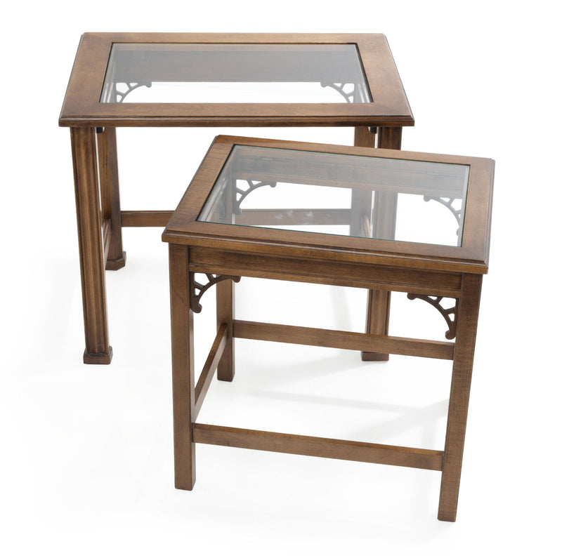 Chinese Chippendale Style Glass Top Nesting Tables (Set of 2)