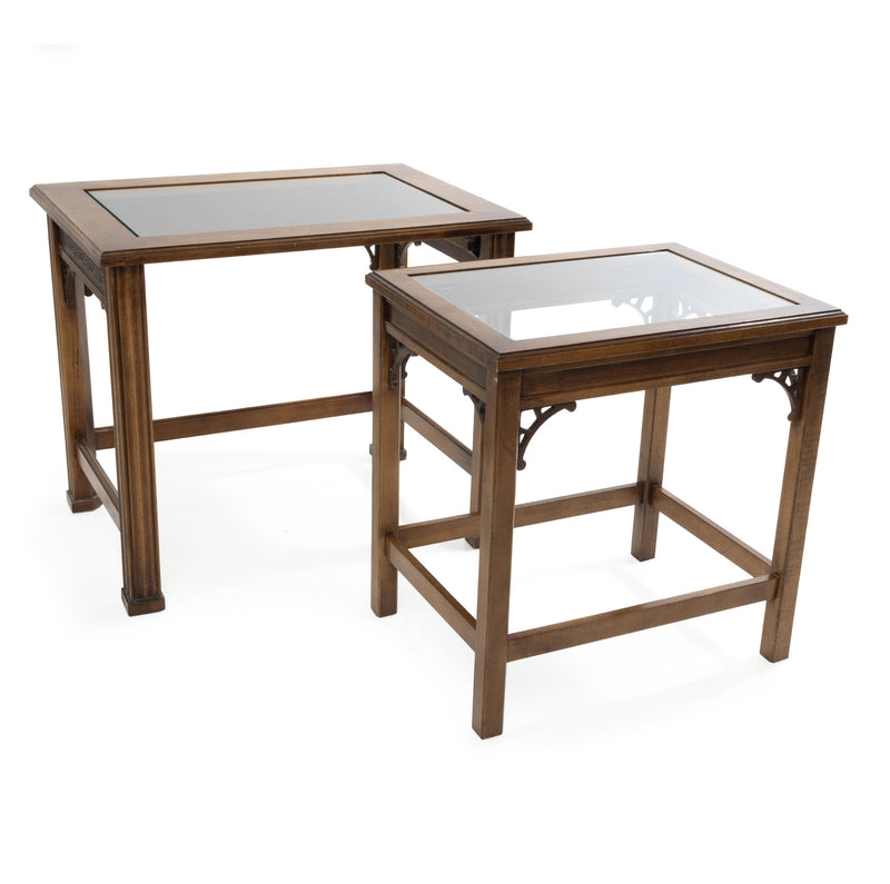 Chinese Chippendale Style Glass Top Nesting Tables (Set of 2)