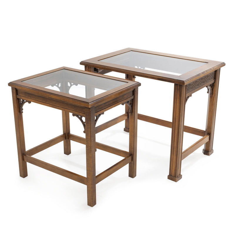 Chinese Chippendale Style Glass Top Nesting Tables (Set of 2)