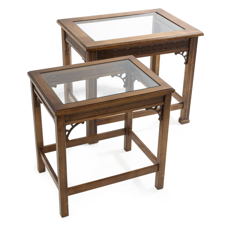 Chinese Chippendale Style Glass Top Nesting Tables (Set of 2)