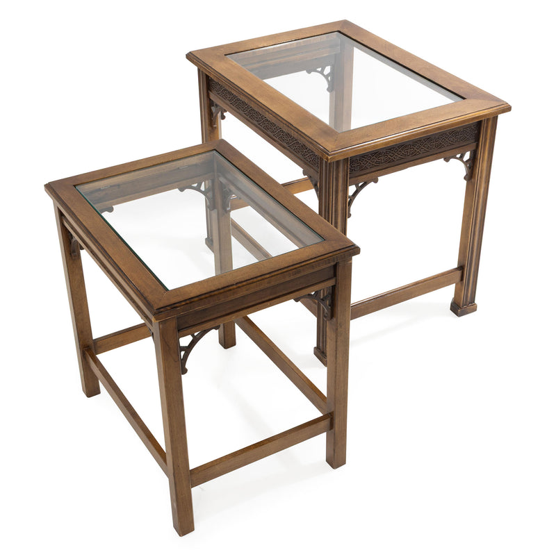 Chinese Chippendale Style Glass Top Nesting Tables (Set of 2)