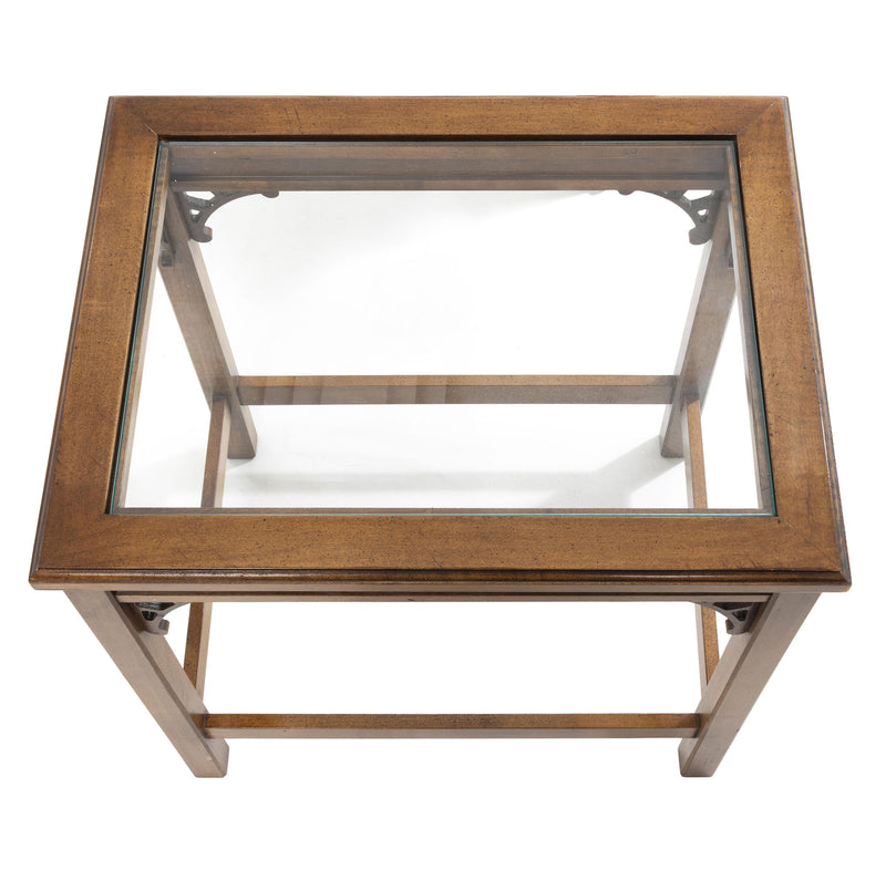 Chinese Chippendale Style Glass Top Nesting Tables (Set of 2)