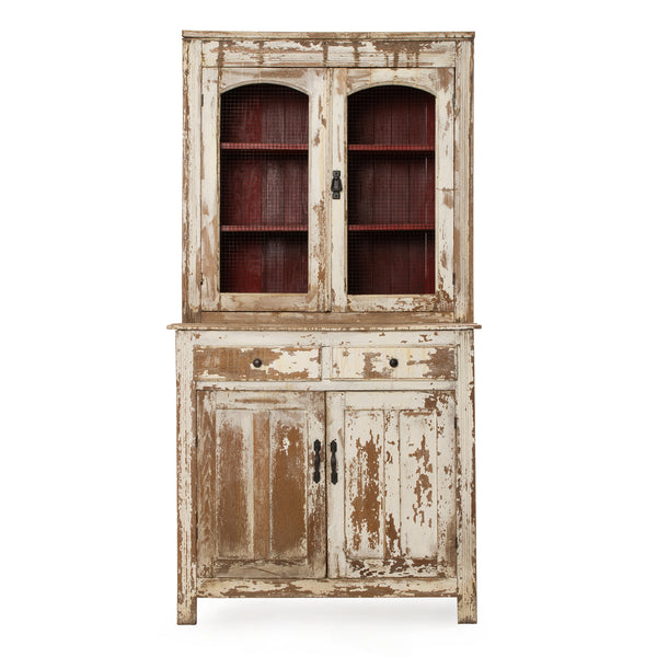 Chipped White Painted Ash Cupboard with Red Upper Interior and Screened Doors (2pcs.)