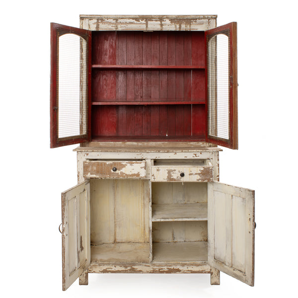 Chipped White Painted Ash Cupboard with Red Upper Interior and Screened Doors (2pcs.)