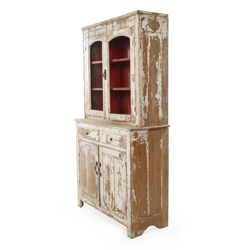 Chipped White Painted Ash Cupboard with Red Upper Interior and Screened Doors (2pcs.)