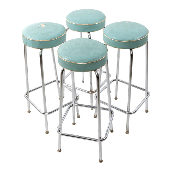 Chrome Plated Steel Tube Leg Bar Stools w/ Teal Vinyl Upholstered Seats (Set of 4 - As Is)