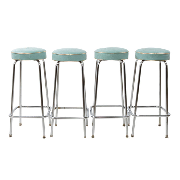 Chrome Plated Steel Tube Leg Bar Stools w/ Teal Vinyl Upholstered Seats (Set of 4 - As Is)