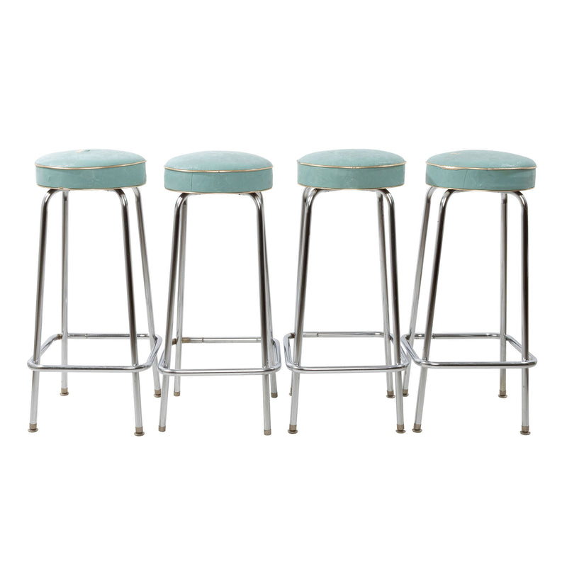 Chrome Plated Steel Tube Leg Bar Stools w/ Teal Vinyl Upholstered Seats (Set of 4 - As Is)