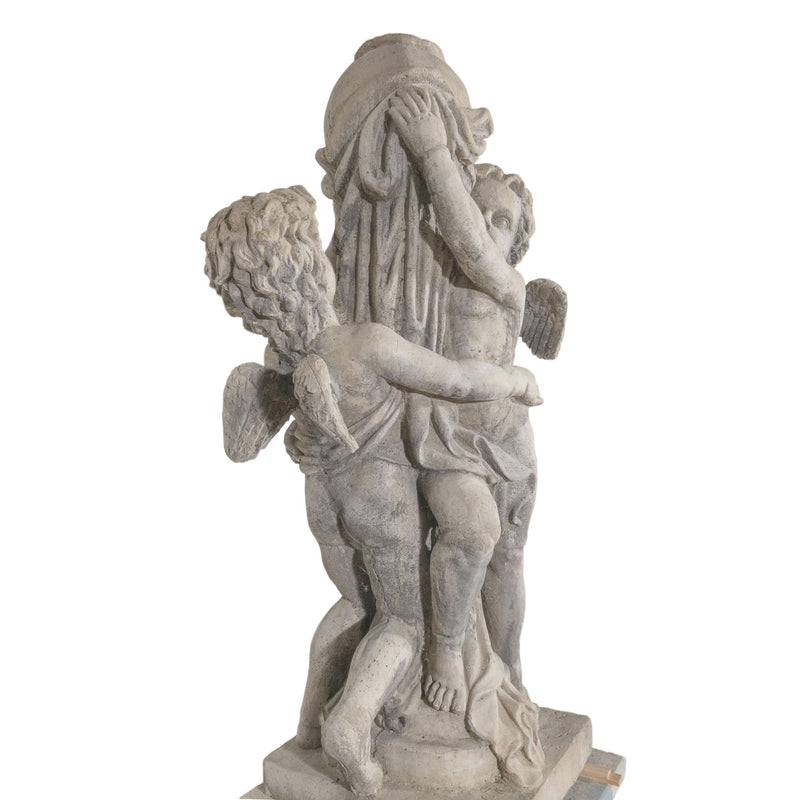 Concrete "Putti with Vase" Garden Statue on Base (As Is)