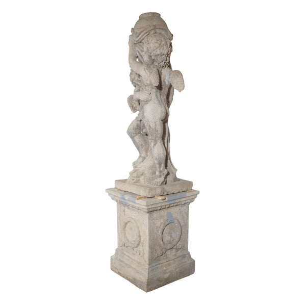 Concrete "Putti with Vase" Garden Statue on Base (As Is)