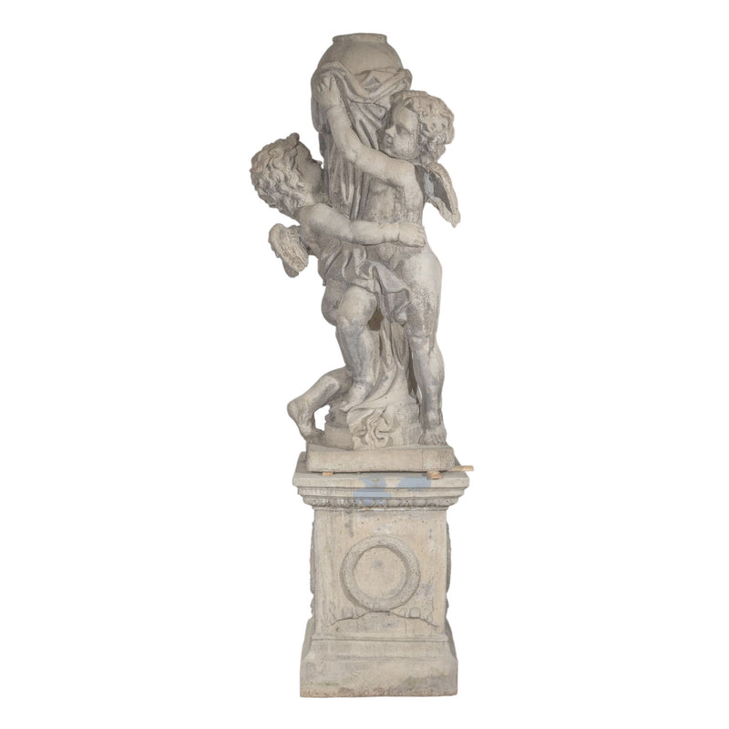 Concrete "Putti with Vase" Garden Statue on Base (As Is)