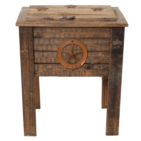 Custom Aluminum Lined Barn Wood Cooler w/ Hinged Top & Iron Texas Stars