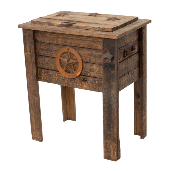 Custom Aluminum Lined Barn Wood Cooler w/ Hinged Top & Iron Texas Stars