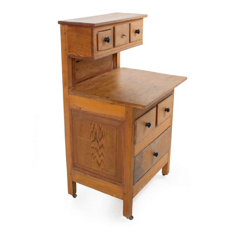 Custom Pine Fielded Panel Cupboard w/ 3 Upper Raised Drawers over 3 Drawer Cabinet Work Surface on Casters