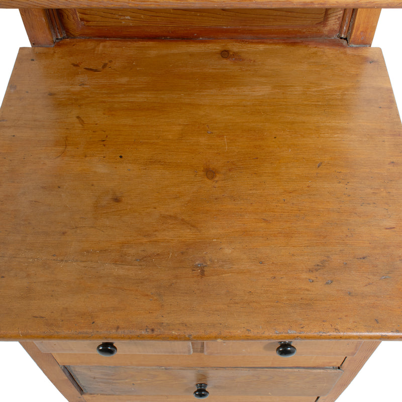 Custom Pine Fielded Panel Cupboard w/ 3 Upper Raised Drawers over 3 Drawer Cabinet Work Surface on Casters