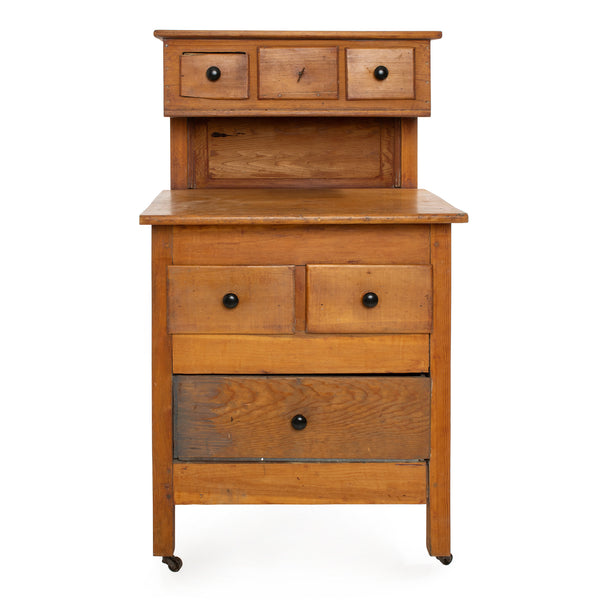 Custom Pine Fielded Panel Cupboard w/ 3 Upper Raised Drawers over 3 Drawer Cabinet Work Surface on Casters
