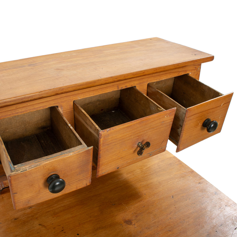 Custom Pine Fielded Panel Cupboard w/ 3 Upper Raised Drawers over 3 Drawer Cabinet Work Surface on Casters