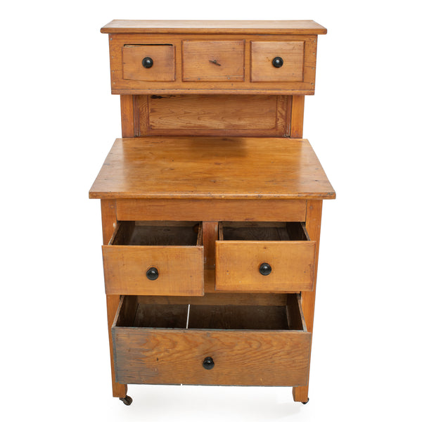 Custom Pine Fielded Panel Cupboard w/ 3 Upper Raised Drawers over 3 Drawer Cabinet Work Surface on Casters