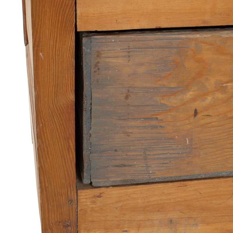 Custom Pine Fielded Panel Cupboard w/ 3 Upper Raised Drawers over 3 Drawer Cabinet Work Surface on Casters